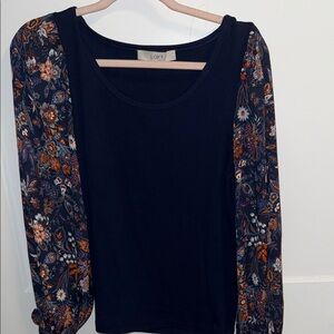 LOFT Black Knit Top with Floral Puff Sleeves